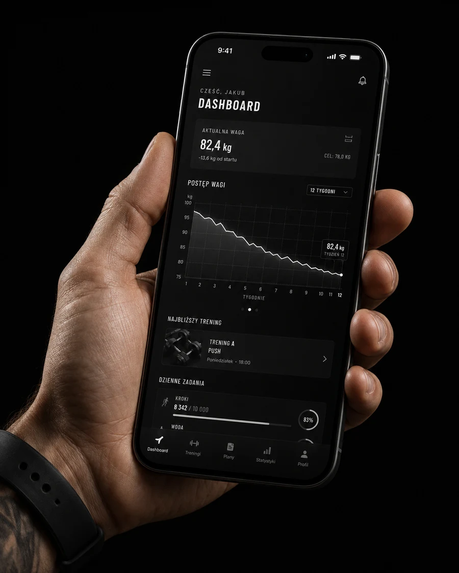 Aplikacja KillaTeam na telefonie — dashboard z wykresem postępu wagi